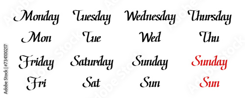 カリグラフィーブラシで手書きしたカレンダーの曜日。上品なイタリック体の曜日セット。カリグラフィーブラシで手書きしたイタリック体のタイポグラフィ。