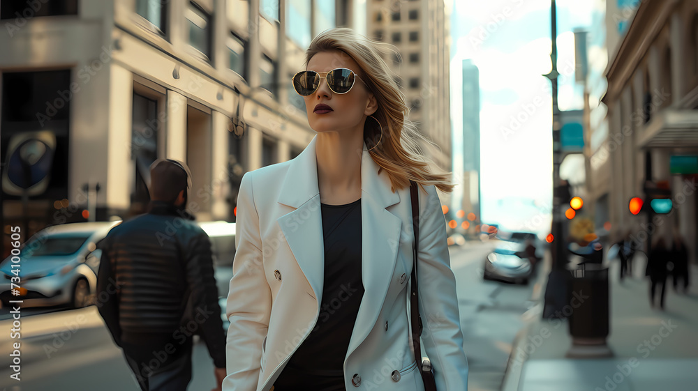 Chic Businesswoman Striding Confidently Through the City, Businesswoman in a large city Chic Businesswoman Striding Confidently Through the City, Businesswoman in a large city