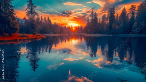 Radiant Sunset Over Tranquil Waters With Forest Background
