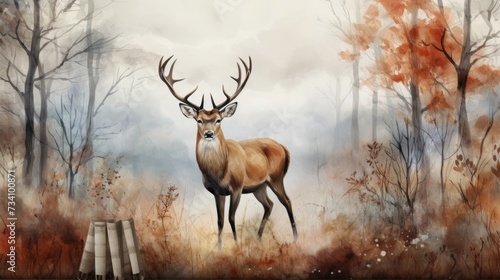 Deer painting on the room wall. watercolor Deer in autumn forest vintage mural. Wall art wallpaper.  © Ilmi