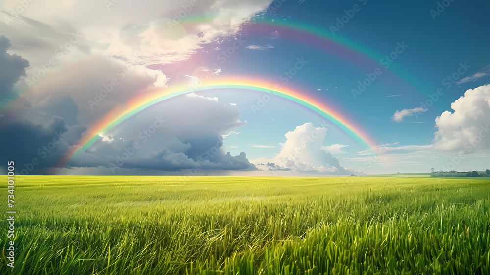 Vibrant Rainbow Arc Over Lush Green Field Vibrant Rainbow Arc Over Lush Green Field