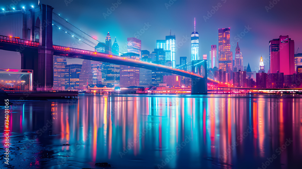 Twilight Hues Over Iconic City Skyline and Bridge