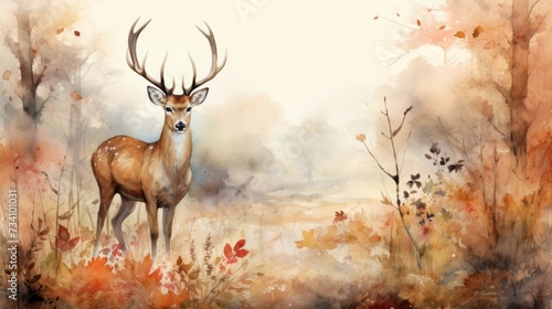 Deer painting on the room wall. watercolor Deer in autumn forest vintage mural. Wall art wallpaper. 