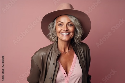Portrait of a beautiful senior woman wearing hat and jacket over pink background