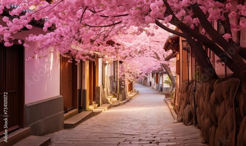 A cobblestone street comes alive under a canopy of blooming cherry blossoms, with traditional Japaneese houses basking in the soft, warm light of spring. 