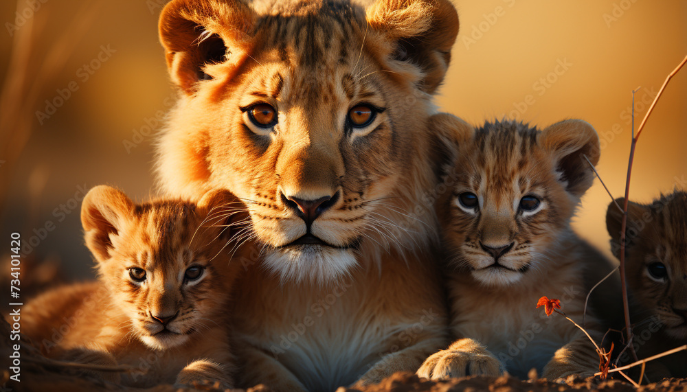 Obraz premium Cute lion cub staring, small group, nature beauty in Africa generated by AI