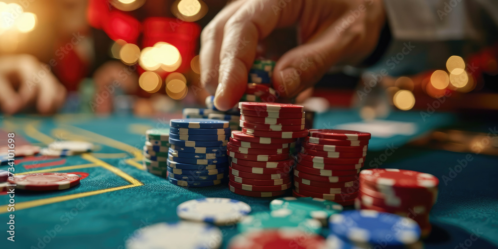 Close-up of a gambler's hands stacking colorful poker chips on a casino table under dim lights.