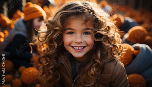 Smiling child enjoys autumn outdoors, playing with pumpkin, cute and cheerful generated by AI