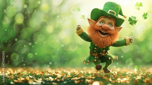 The image displays a joyous leprechaun with a bright orange beard, dressed in a green suit and hat, dancing on a field scattered with golden coins and surrounded by floating green clovers, all under a photo
