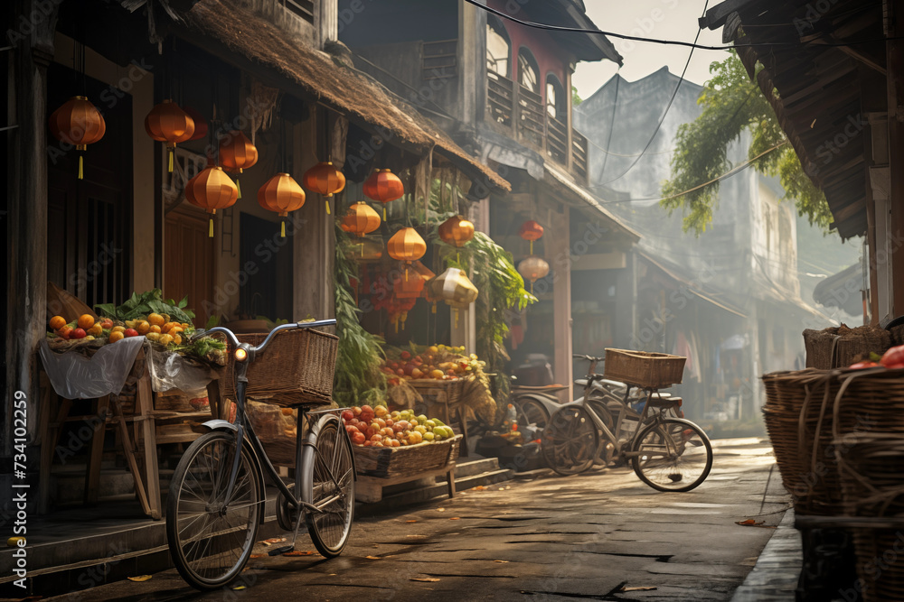 Bicycles parked along a peaceful old town market street, flanked by baskets of fresh fruits and traditional hanging lanterns in the soft morning light.
