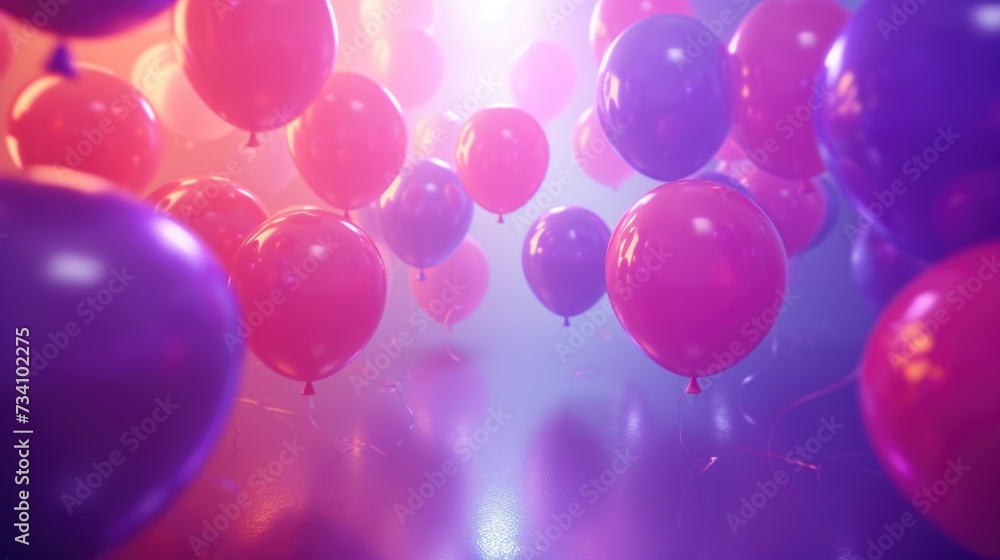 The image depicts a multitude of colorful balloons in shades of pink, purple, and blue, floating upwards in a room that is bathed in a dreamy, ethereal glow with soft light flares and a subtle bokeh e