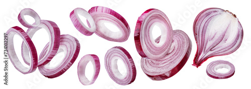 Red onion rings and onion slices isolated on a white background, clipping path.