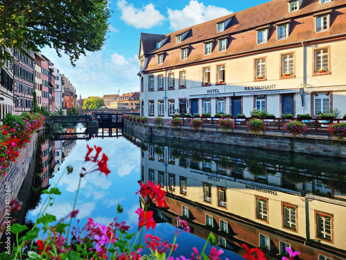 Le Petite France  the most picturesque district of old Strasbourg. Half-timbered houses with reflection in waters of the Ill channels.