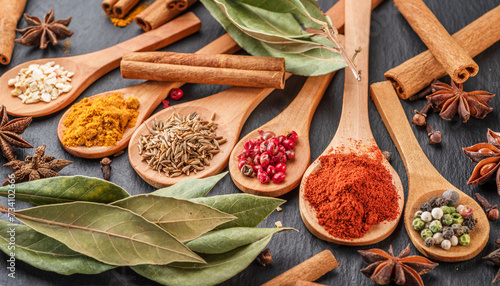 Fototapeta Naklejka Na Ścianę i Meble -  Various types of spices on wooden spoons on a gray stone table.
