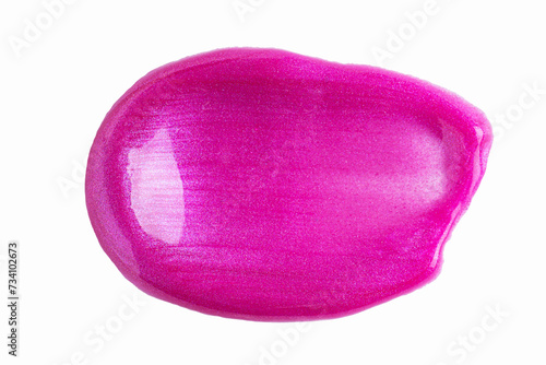 Pink swatch of lip gloss, cosmetic product stroke or paint, macro. Swatches of purple, violet lipgloss or paint on isolated on white background.