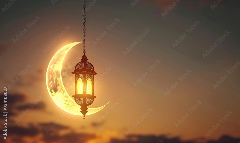 Obraz premium ramadan eid mubarak simple minimalist background. shinny crescent moon and hanging lantern in sky at sunset time for iftar.