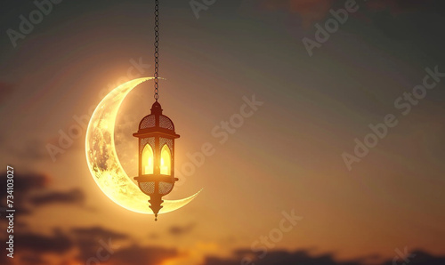 ramadan eid mubarak simple minimalist background. shinny crescent moon and hanging lantern in sky at sunset time for iftar. photo