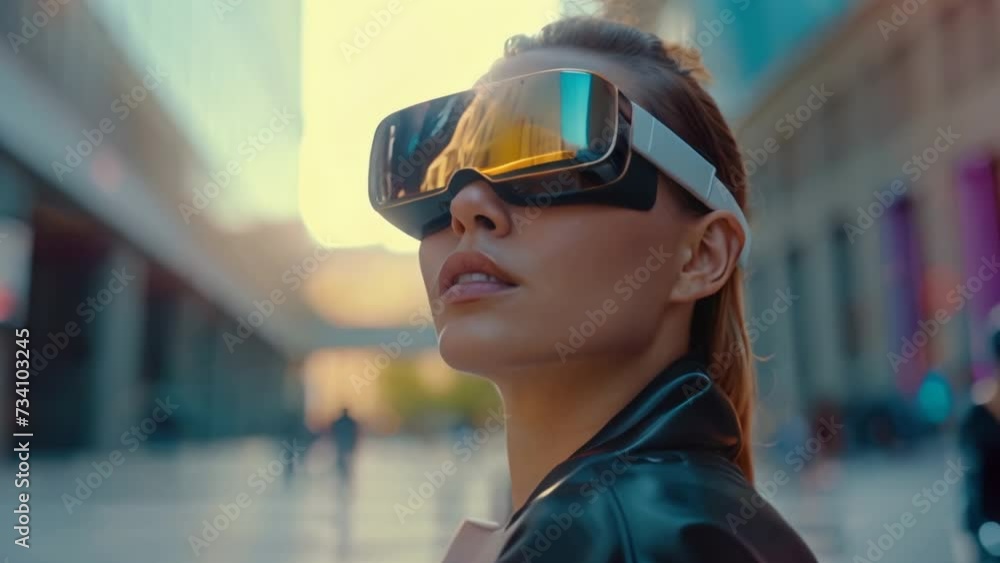 Woman wear modern virtual devise. Mixed reality headset. Digital spatial computer. Girl VR glasses walk city street. High tech vision. Futuristic future concept. Technology innovation. Life simulation