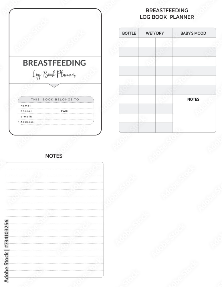 Editable Breastfeeding Log Book Planner Kdp Interior printable template Design. Stock Vector