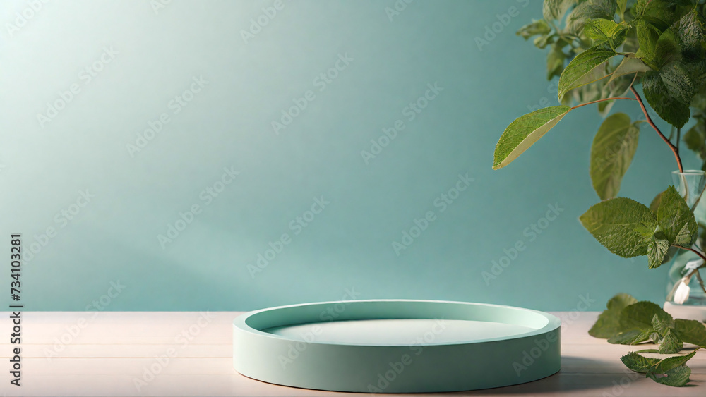 green podium for product presentation with mint leaves in glass vase on white wooden table