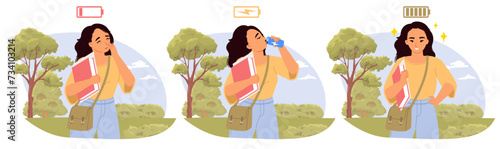 Woman cartoon character drinking energy beverage isolated set