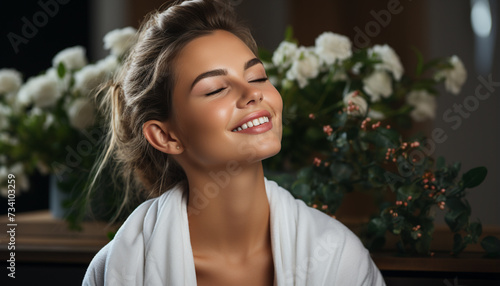 One beautiful woman, smiling, enjoying nature beauty with closed eyes generated by AI