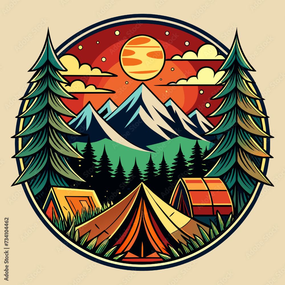 Camping tent in the forest. Vector illustration in flat style.