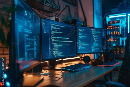 Coding and cybersecurity workspace with multiple screens and digital code running