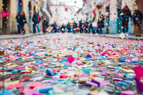 Colorful confetti scattered on the street after a festive event Symbolizing joy and celebration