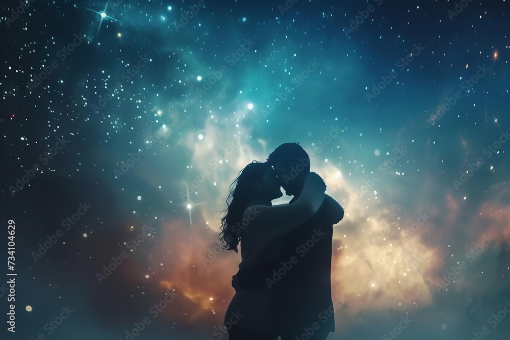 Couple under a starry sky Embracing With a cosmic galaxy background Representing love and infinity Couple under a starry sky Embracing With a cosmic galaxy background Representing love and infinity