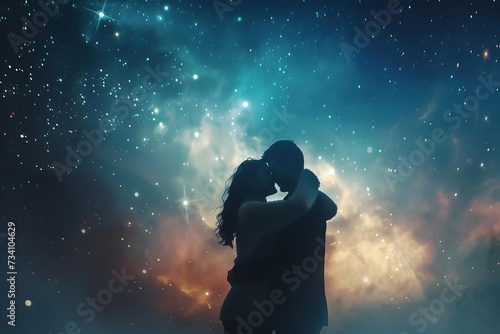 Couple under a starry sky Embracing With a cosmic galaxy background Representing love and infinity