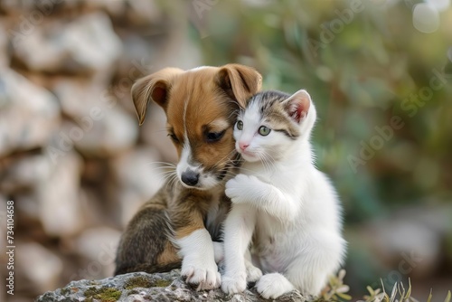 Cute puppy and kitten cuddled together Symbolizing friendship and love between different species