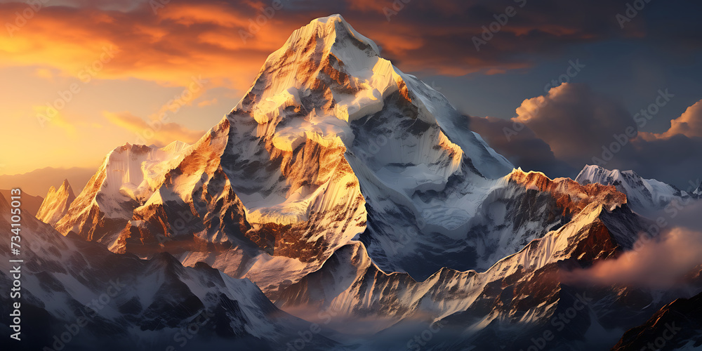 Mountain landscape at sunset. Panoramic view of Himalaya mountains.