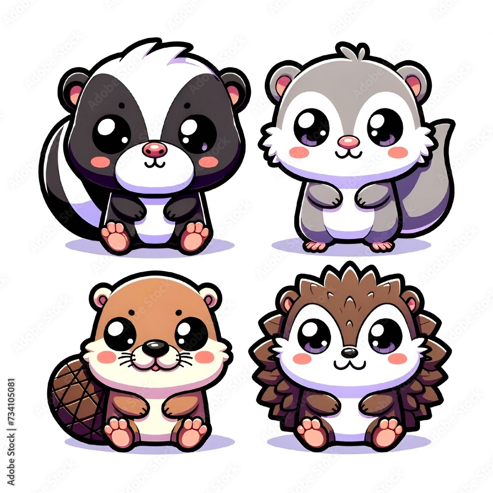 Chibi-Style Woodland Creatures: Skunk, Otter, Beaver, and Hedgehog - AI Generated Digital Art