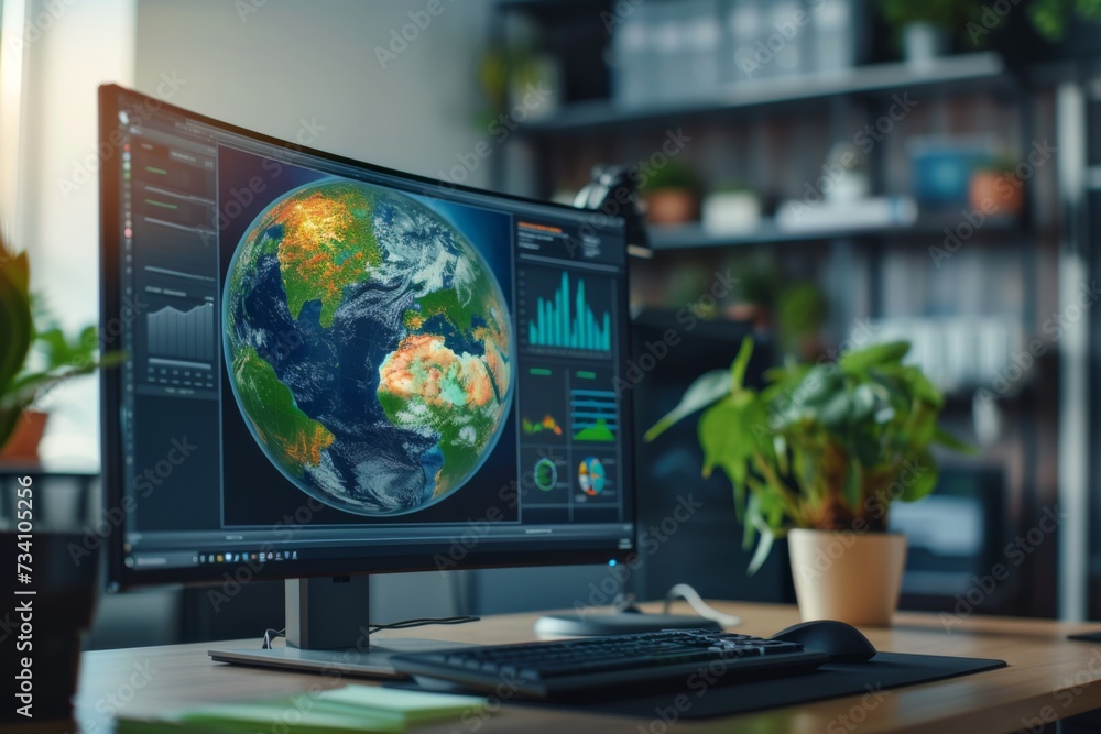 Computer monitor displaying Earth graphics. Earth Day concept. Office desk setup. Global network, web, internet. Ecology, eco-friendly lifestyle. Design for banner, advertising, poster Computer monitor displaying Earth graphics. Earth Day concept. Office desk setup. Global network, web, internet. Ecology, eco-friendly lifestyle. Design for banner, advertising, poster