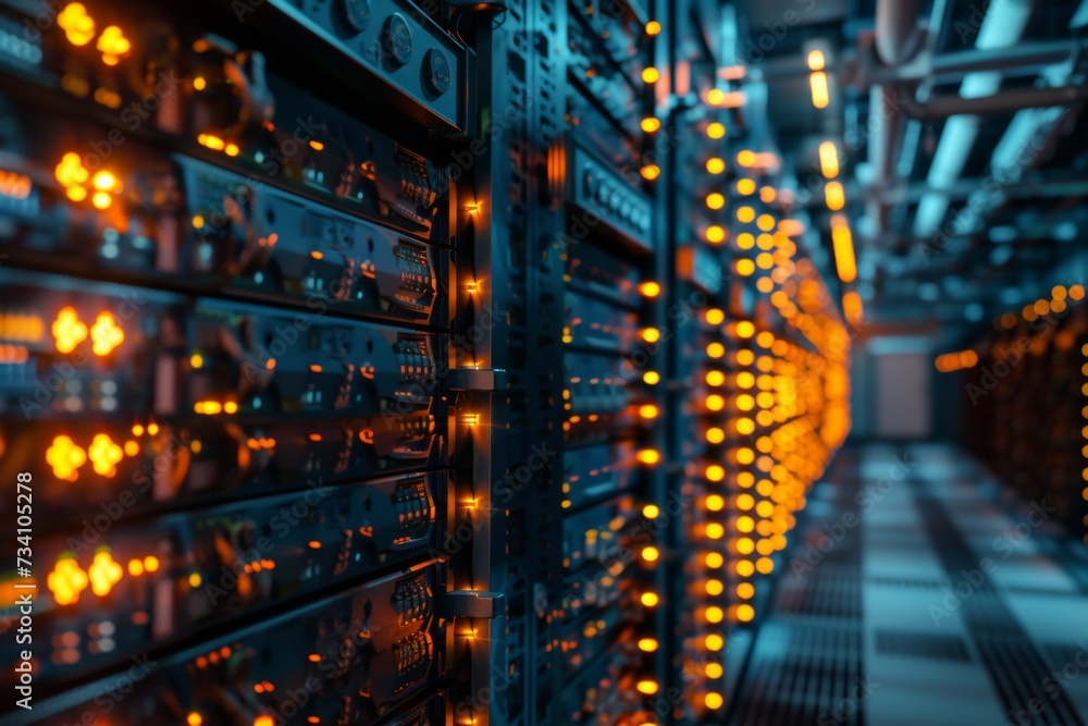 Data center with server racks and orange lights. Data security, cybersecurity, infrastructure concept. Supercomputer, data center, hardware. Future technology. Design for banner, advertising Data center with server racks and orange lights. Data security, cybersecurity, infrastructure concept. Supercomputer, data center, hardware. Future technology. Design for banner, advertising