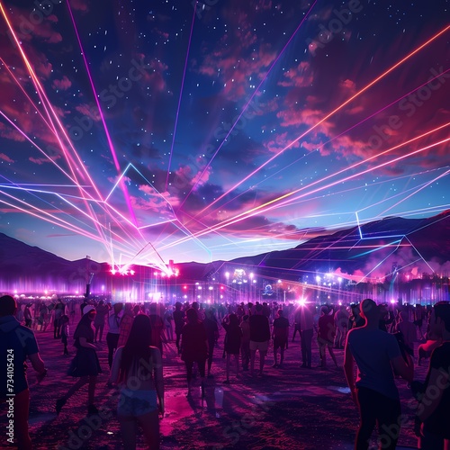 Vibrant Outdoor Music Festival with Laser Light Show at Night © RobertGabriel
