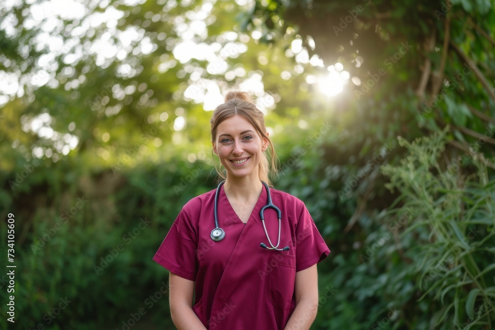 Smiling British Nurse with Stethoscope in Lush Garden Setting Smiling British Nurse with Stethoscope in Lush Garden Setting