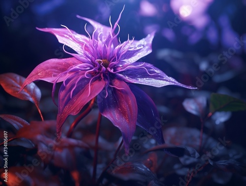Purple flower standing in some leaves