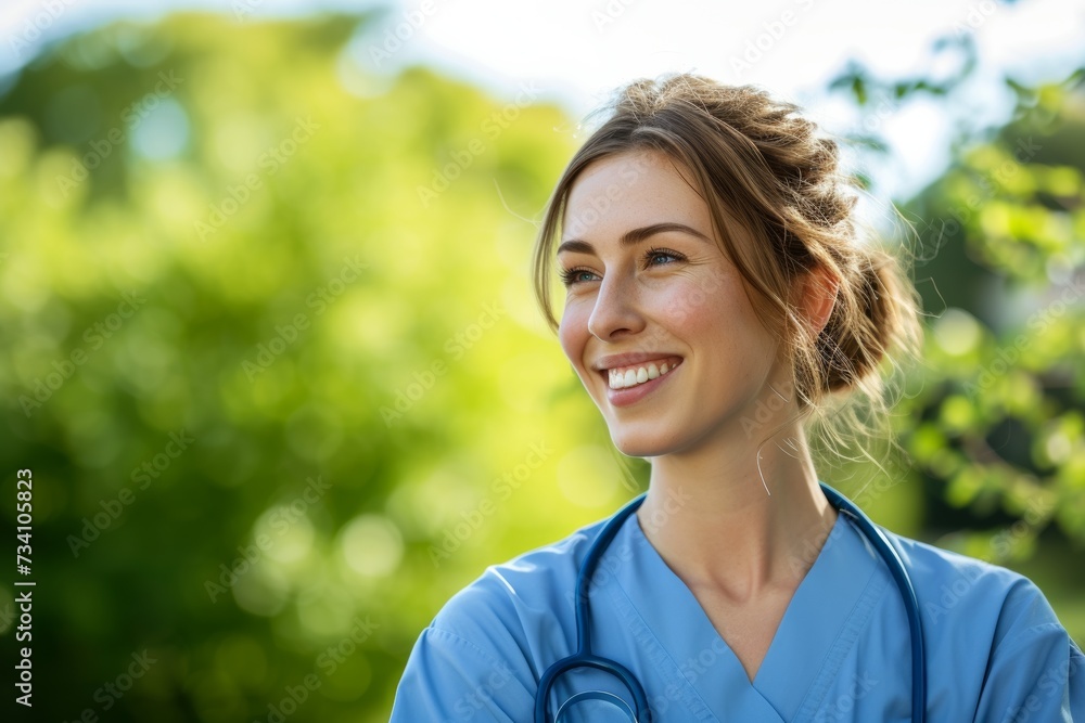 Optimistic British Nurse Enjoying a Sunny Day Outdoors Optimistic British Nurse Enjoying a Sunny Day Outdoors