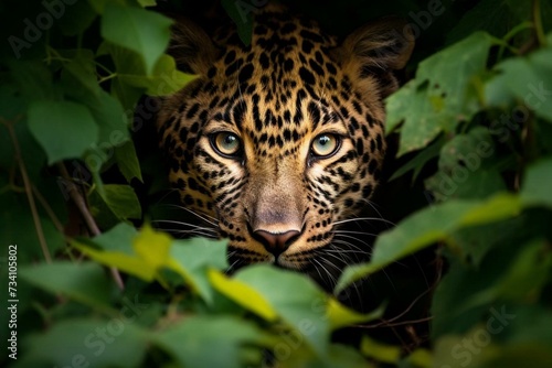 A stealthy amur leopard maneuvering the dense thicket. Generative AI