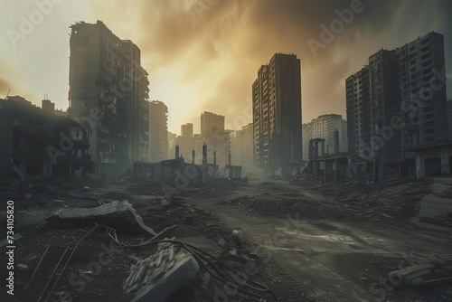 Post-apocalyptic cityscape with the remnants of civilization Evoking a sense of desolation and survival in a future world
