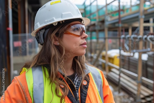 Professional female engineer overseeing a construction project Safety gear equipped