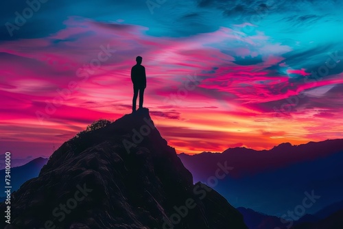 Silhouette of a person on a mountain peak during a vibrant sunset Symbolizing achievement and peace