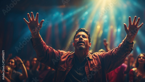 Man raising hands in worship in front of people in the church. AI generated photo