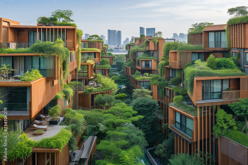 Lush greenery envelops eco-friendly apartments, redefining living with sustainable architecture. Sustainable urban oasis with abundant greenery and eco-apartments, integrating nature into city life.