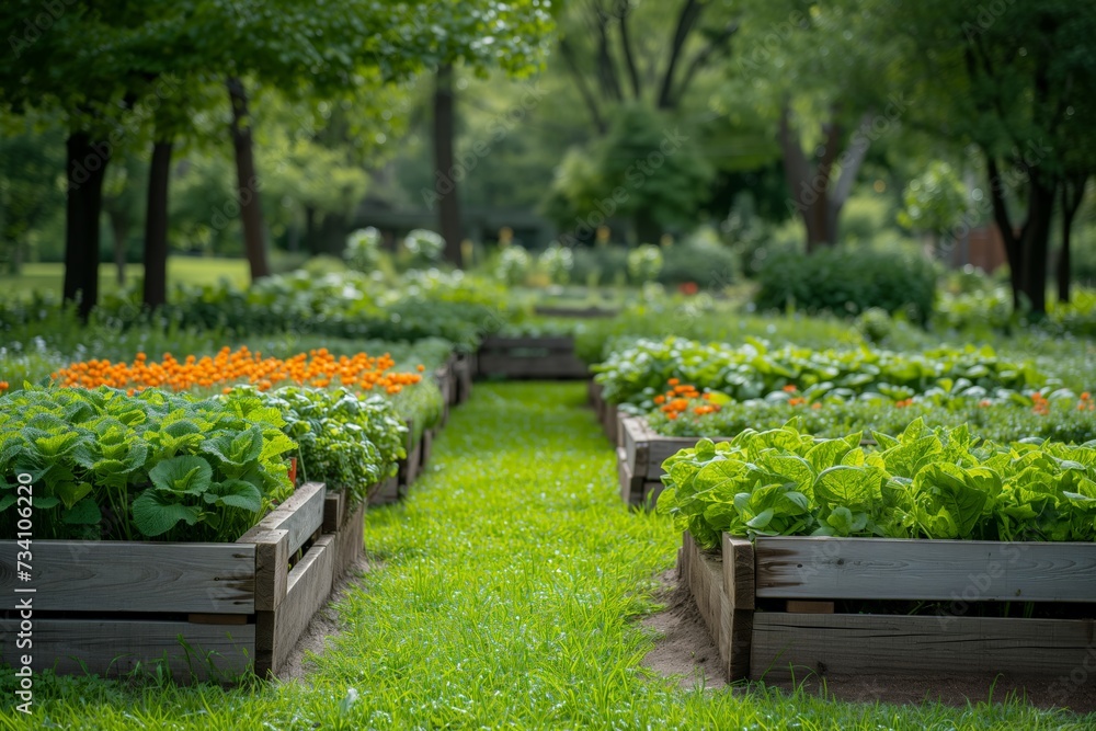 Verdant community garden rows teeming with vibrant flowers and greenery in soft daylight. Lush vegetable beds and bright flowers line a public garden path, bathed in gentle sunlight Verdant community garden rows teeming with vibrant flowers and greenery in soft daylight. Lush vegetable beds and bright flowers line a public garden path, bathed in gentle sunlight