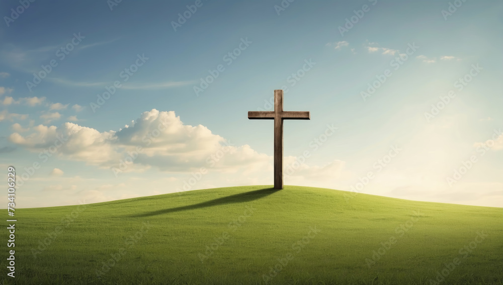 Wooden Cross in the center of green meadow with blue sky above. AI generated Wooden Cross in the center of green meadow with blue sky above. AI generated