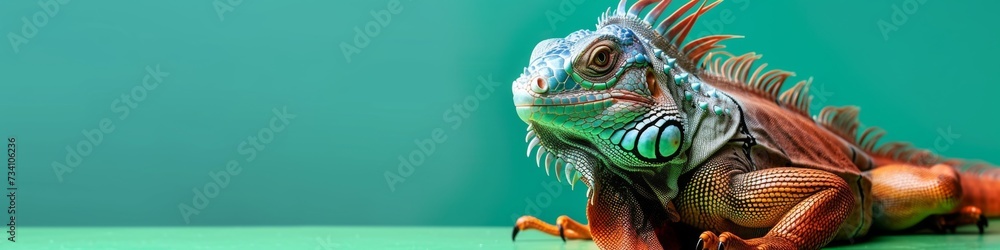 Fototapeta premium Lizard isolated on mint green background. Adorable exotic pet. Funny animal portrait. Design for banner, header, advertising with copy space.