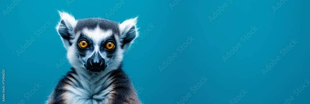 Lemur isolated on blue background. Adorable exotic pet. Funny animal portrait. Design for banner, header, advertising with copy space. Close-up shot Lemur isolated on blue background. Adorable exotic pet. Funny animal portrait. Design for banner, header, advertising with copy space. Close-up shot